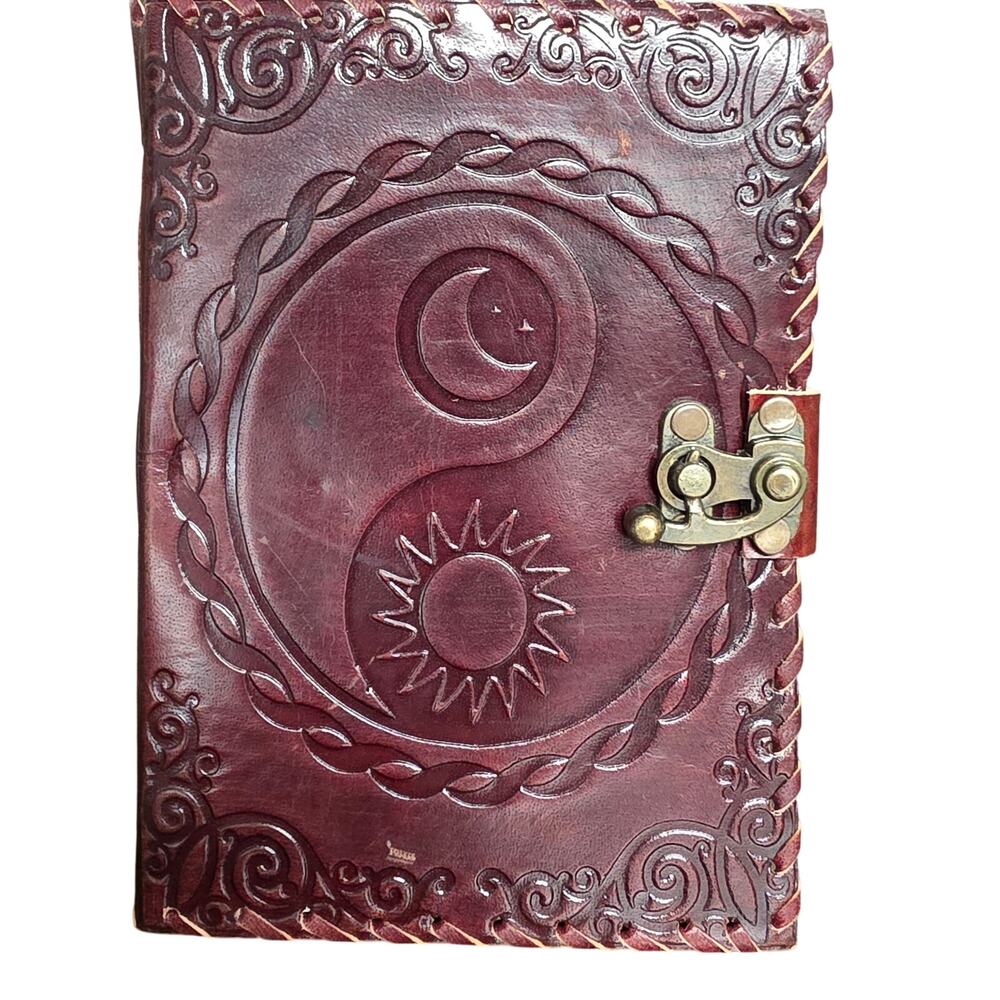 Brown Leather Journal Diary Metal Clasp White Pages 5x7 New Yin Yang